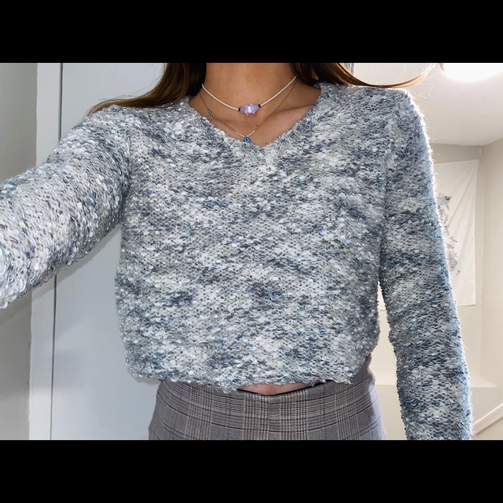 Fuzzy cropped sweater in gray-multi color (: